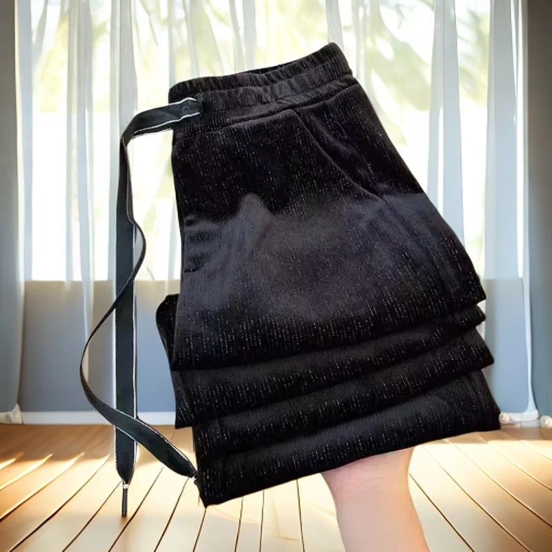 黑色丝绒窄版阔腿裤女高腰宽松显瘦抽绳洋气休闲时尚百搭直筒长裤