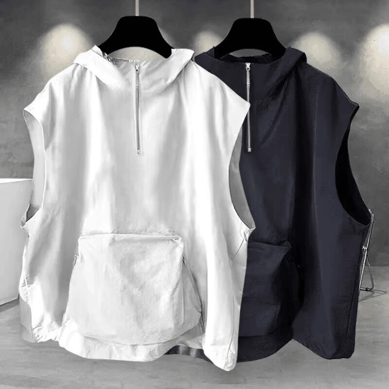 夏季潮流拉链连帽无袖恤春秋上衣男宽松工装大口袋设计背心DS