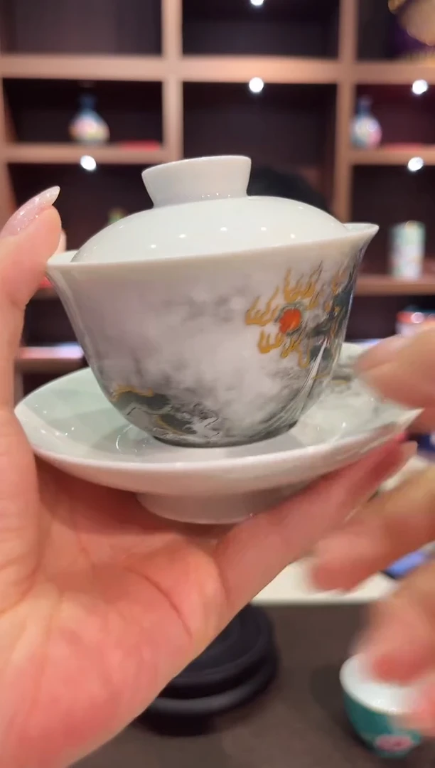 景德镇陶瓷墨龙三才盖碗