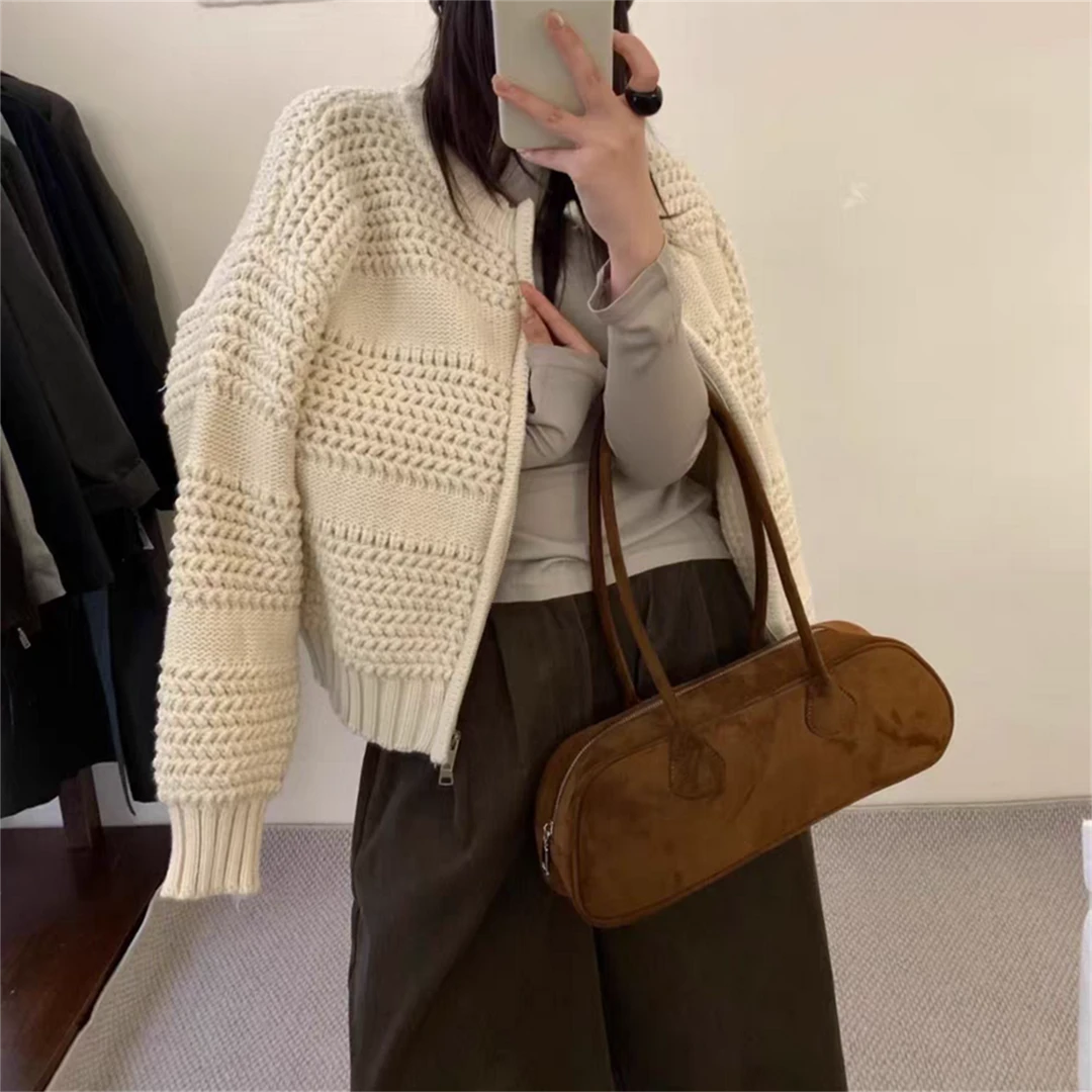 高级感复古菠萝针粗线针织开衫外套女秋冬新款宽松慵懒拉链毛衣厚