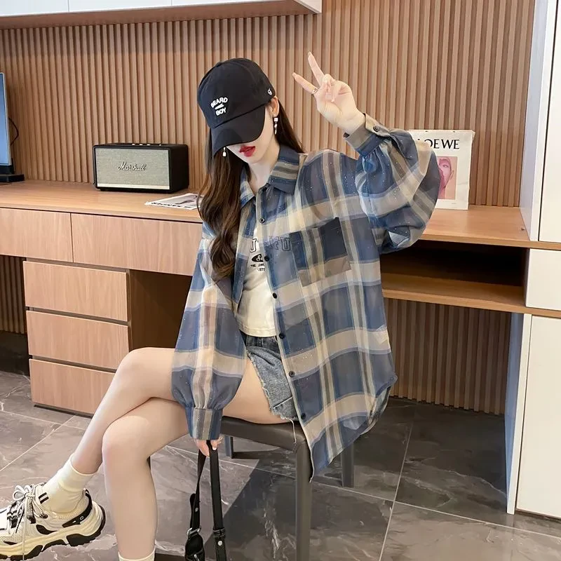爆款防晒格子衬衫夏季长袖2025上衣新款气质休闲宽松薄款外套ins