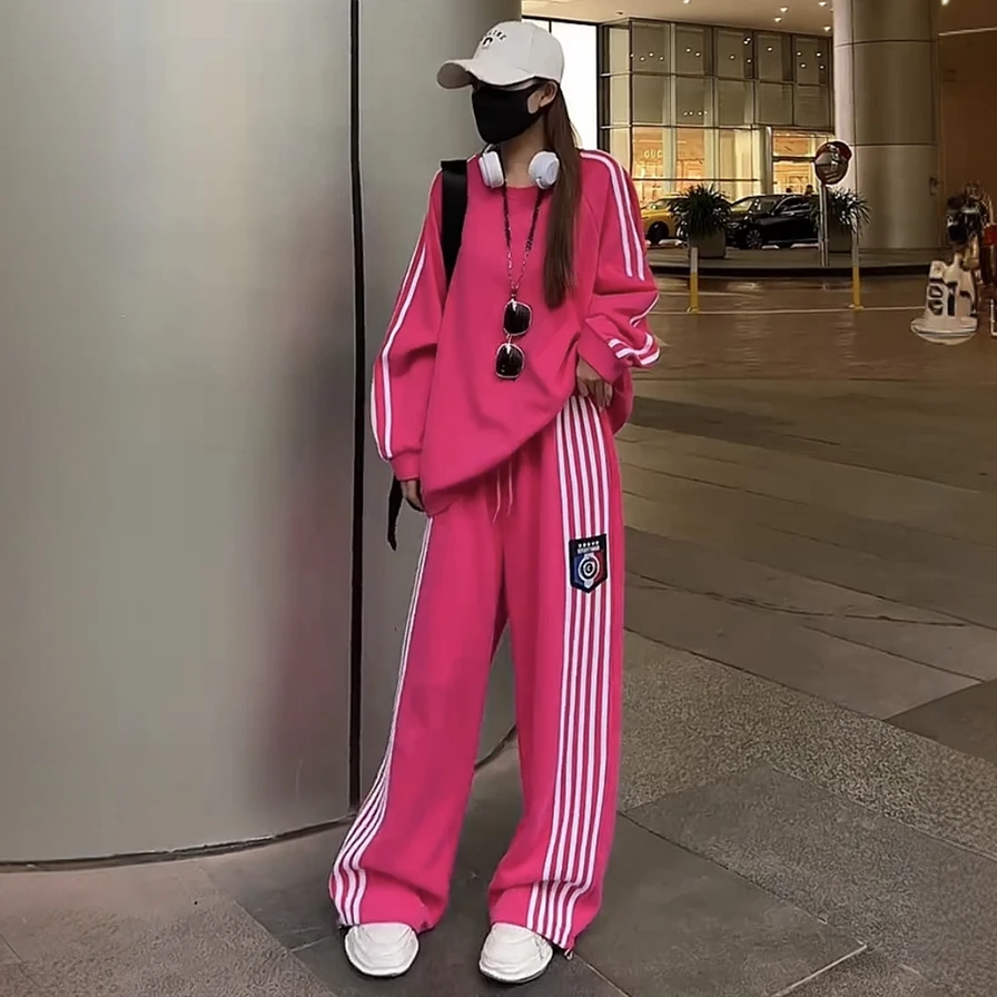 美式休闲套装女春秋韩版时尚洋气圆领卫衣阔腿宽松显瘦运动两件套