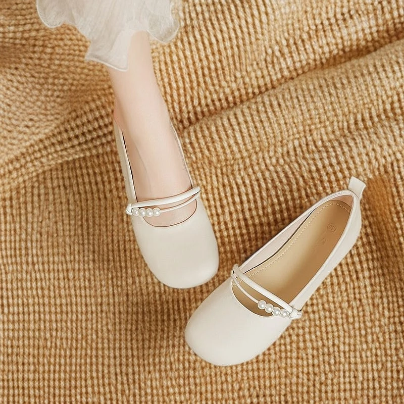 玛丽珍浅口豆豆鞋春季软皮一脚蹬学生珍珠2024软底夏季圆头夏天