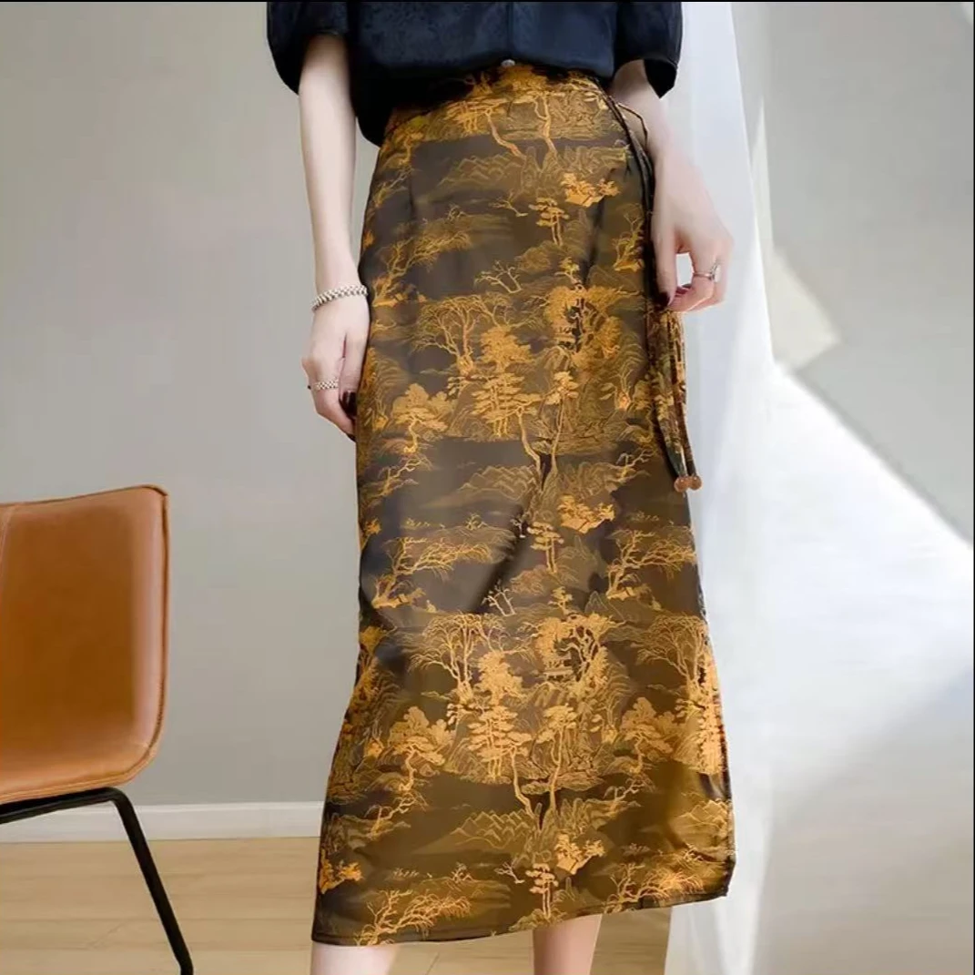 057中式国风轻奢提花高腰半身裙子女轻奢高级感气质中长裙