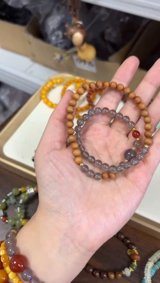 未镶嵌檀香木手串老檀香木玛瑙珠双圈手链[1527]