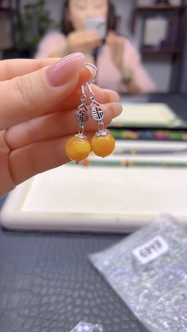 蜜蜡银S925镶嵌耳饰DIY款E898