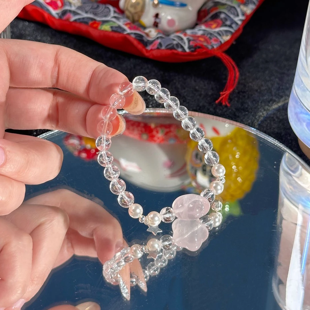 xy176［一颗桃］S925银珠铃铛莫粉星星施家珠白水晶手串