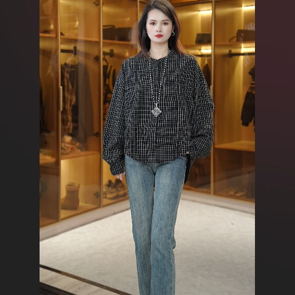 长袖衬衫女格子条纹2025春季新款短款时尚休闲25022202