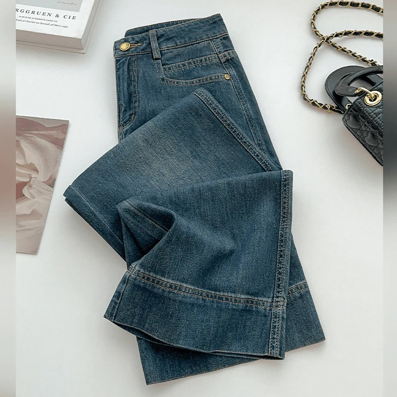 高端冷茶色牛仔裤女2025春秋季薄款新款高腰小个子九分直筒阔腿裤