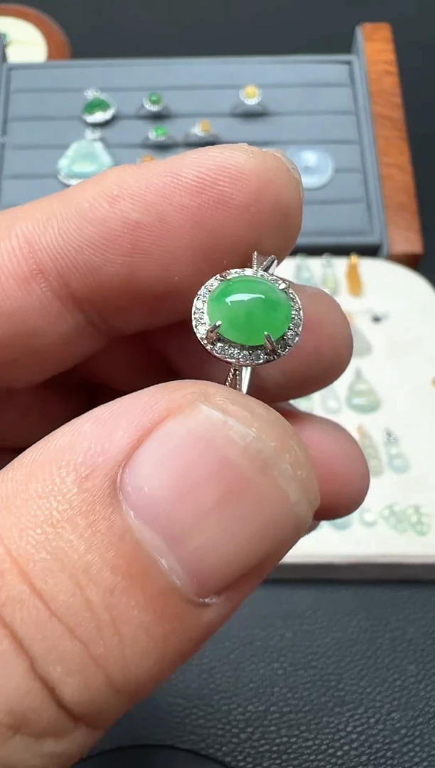 银S925镶嵌戒指翡翠纯天然A货缅甸翡翠蛋面戒指21号链接