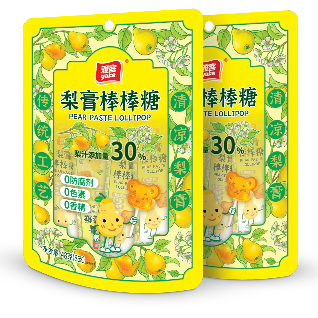 雅客梨膏棒棒糖梨汁添加量30%、独立包装传统工艺、清凉梨膏糖果