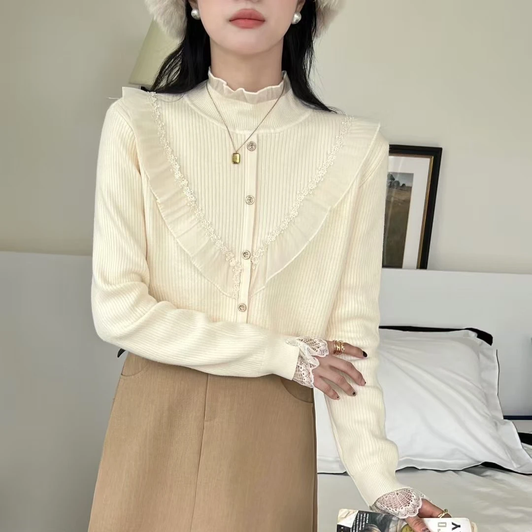 一体绒加绒加厚打底衫女高领蕾丝法式御姐气质针织毛衣上衣保暖