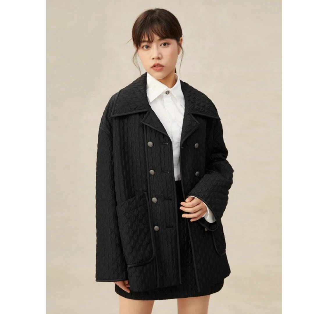 阿玛施AMASS热感力减龄小香风甜美单排扣菱格宽松中长棉服5400440