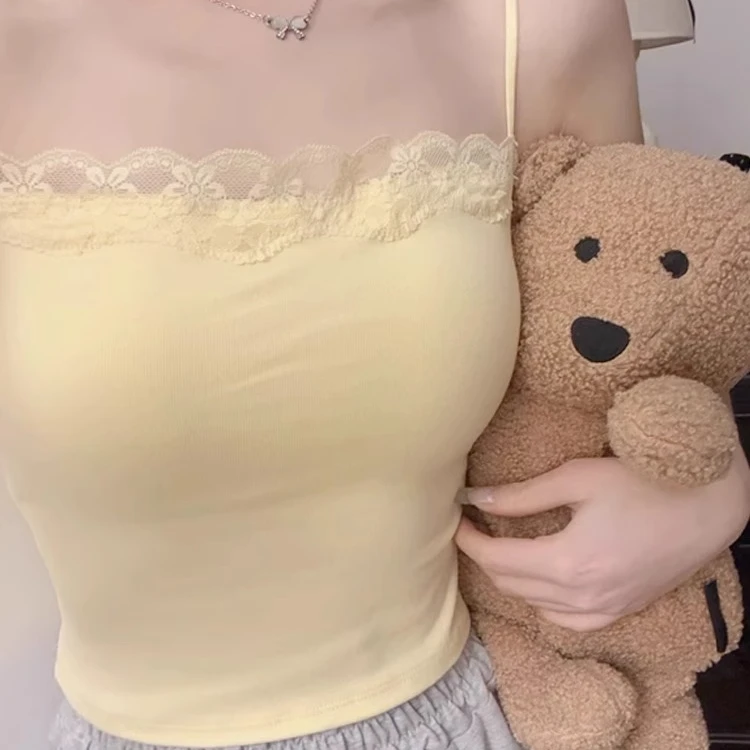蕾丝小吊带背心女夏季2025新款性感遮副乳黄色带胸垫美背外穿上衣