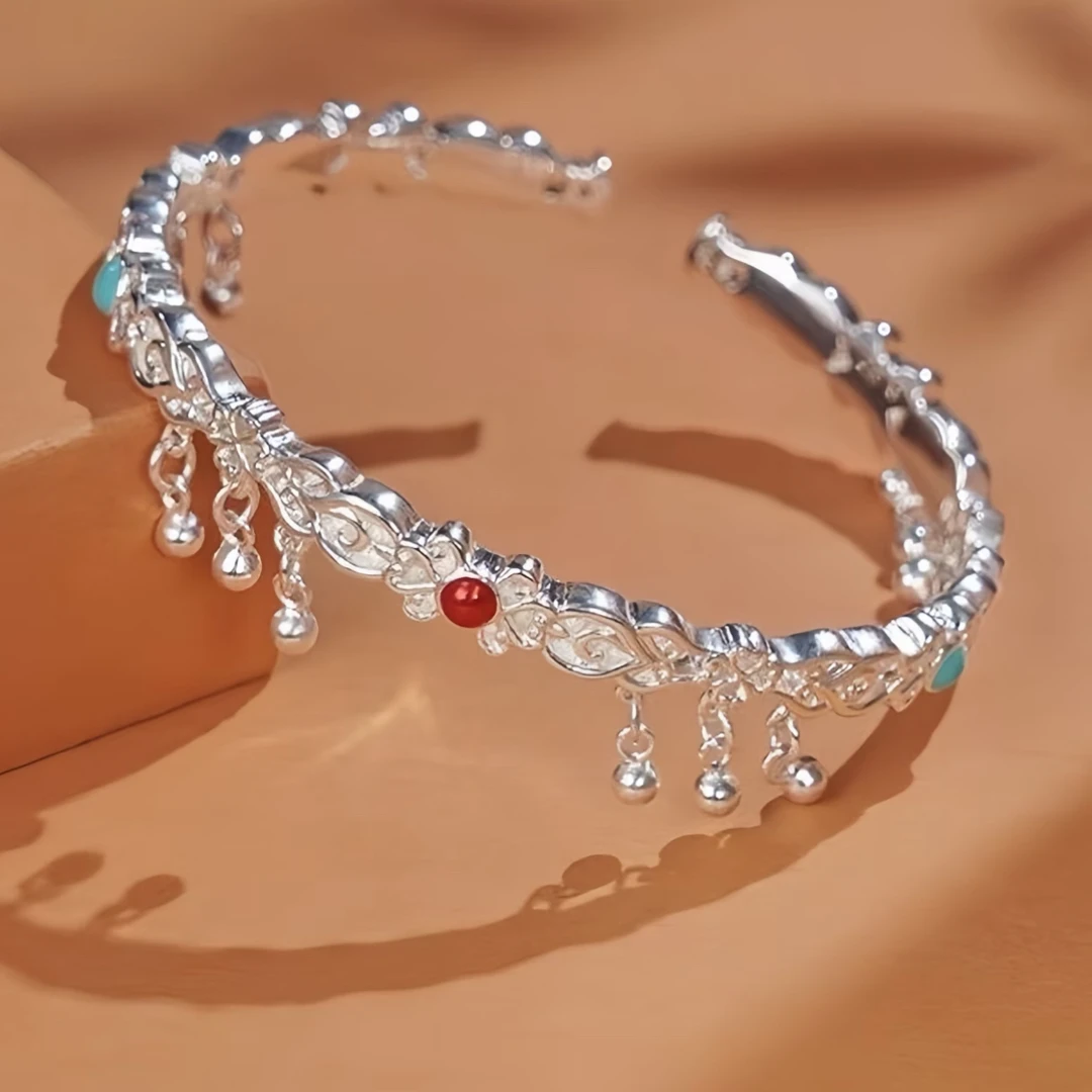 足银手镯 珐琅雕花铃铛环绕足银999.9实心开口镯