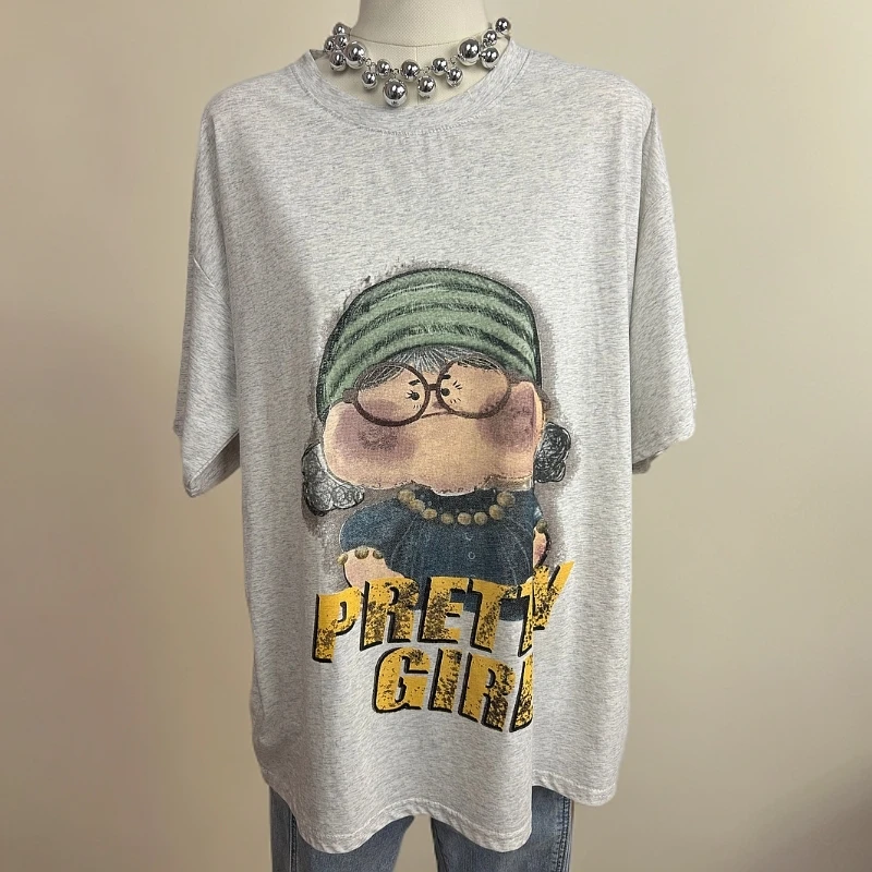 印花短袖圆领宽松型中长款蕾丝休闲百搭重工女士打底衫上衣