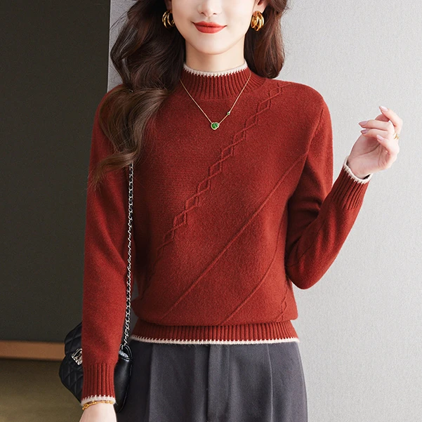 【羊毛衫】洋气百搭半高领冬季女花纱长袖毛衣宽松时尚加厚套头上衣