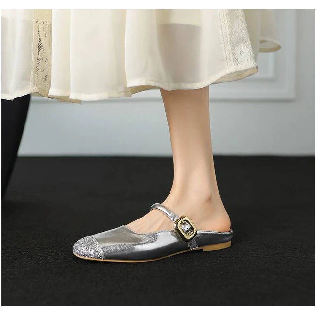 C1317  银色 夏季时尚低跟方头舒适真皮包头拖鞋