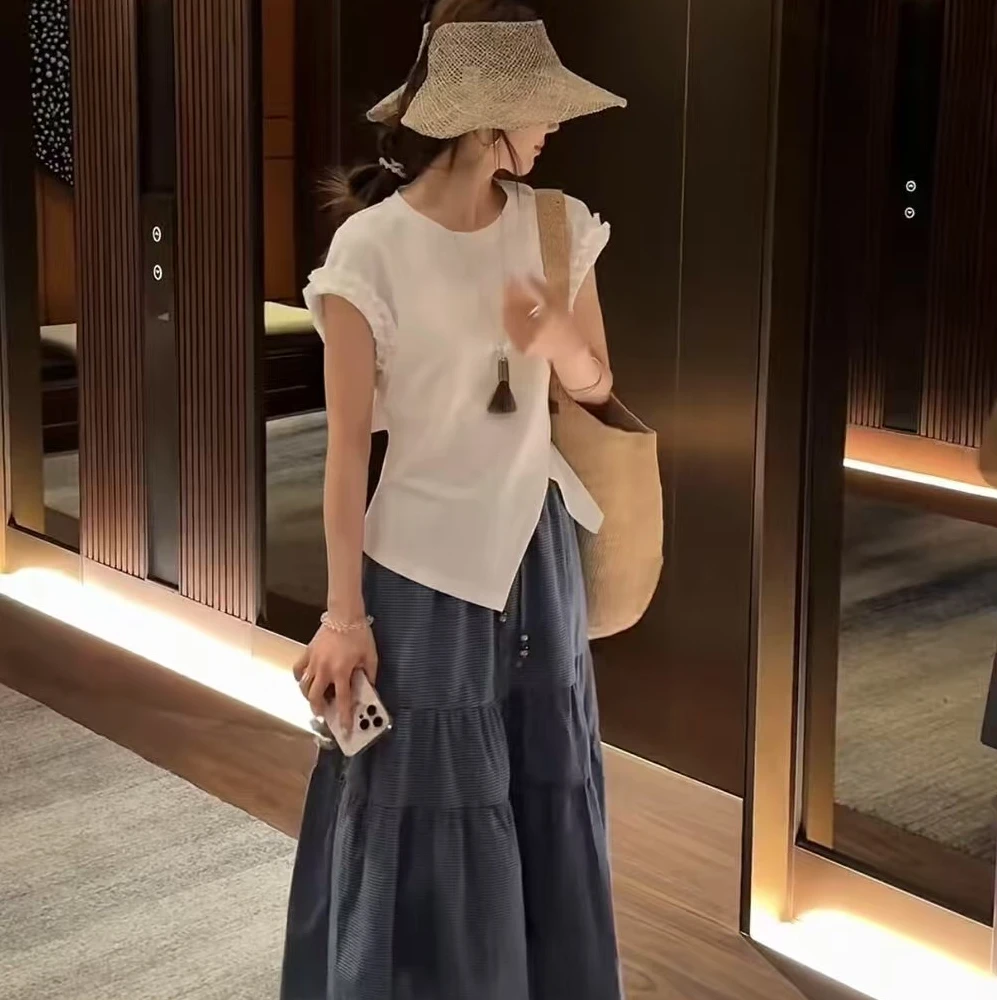 2910 番外设计感不规则绑带木耳边花瓣袖T