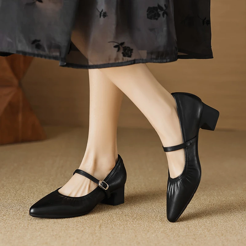 红蜻蜓法式玛丽珍女鞋粗跟尖头高跟鞋春夏爆款百搭一字扣中跟单鞋