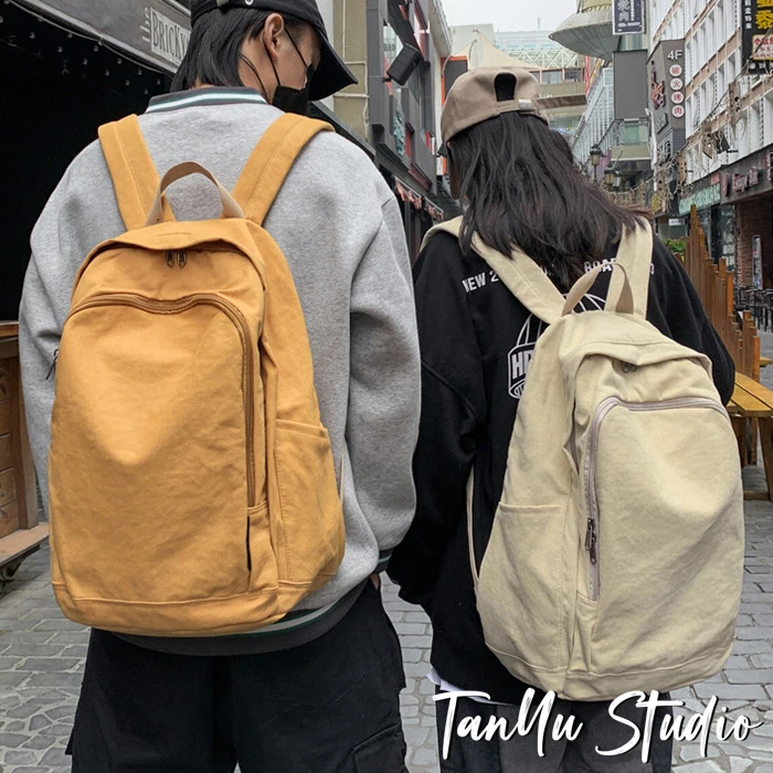 探屿原创帆布双肩包女原宿简约大容量高中大学生书包森系旅行背包