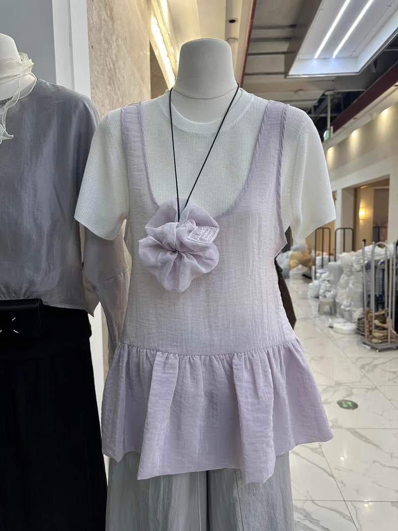 大码夏季新款百搭蝴蝶结绑带背心罩衫短袖T恤上衣两件套9898#