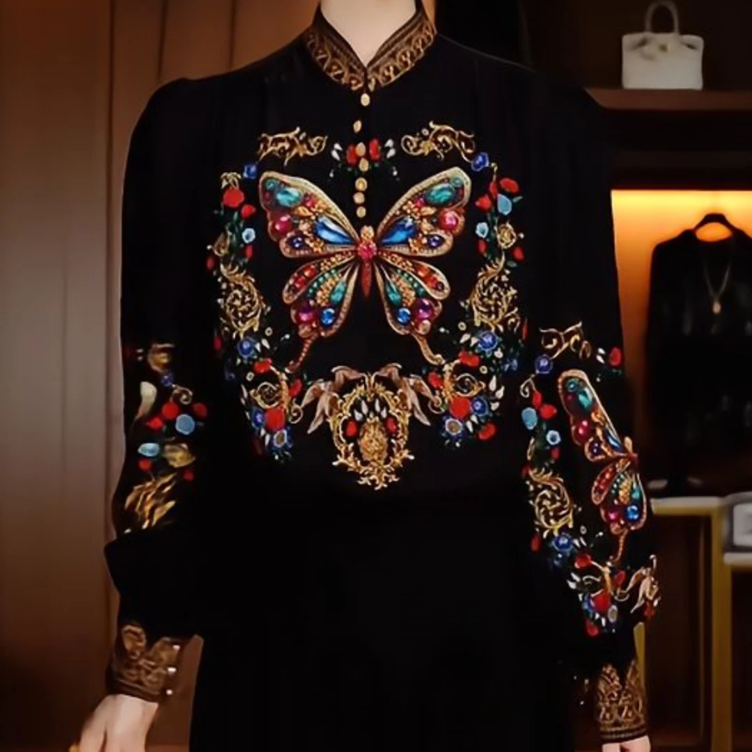 【贵妇装】原创【蝶舞霓裳】小衫遮肉百搭圆领优雅感气质印花时尚上衣