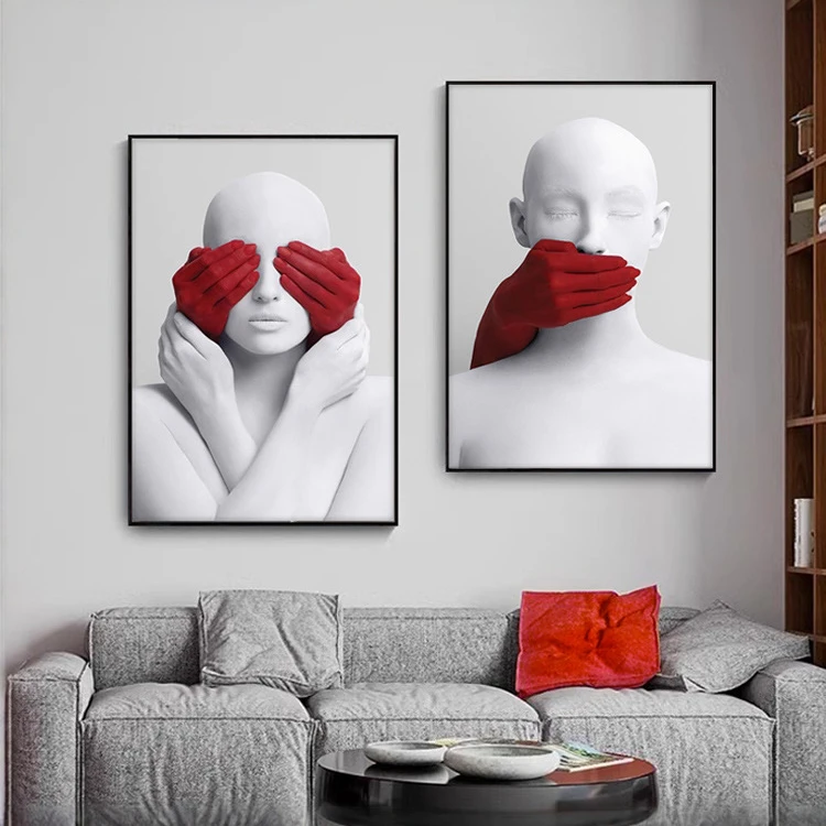 现代轻奢艺术挂画服装店美容院装饰画人物红黑色红色时尚海报壁画
