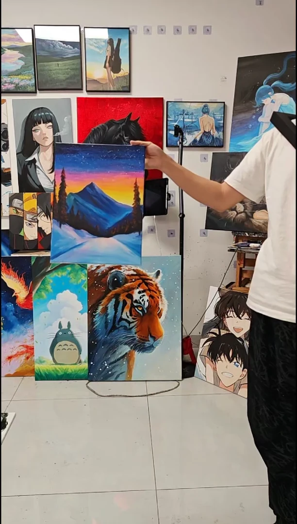 丙烯画晚霞雪景装饰画s