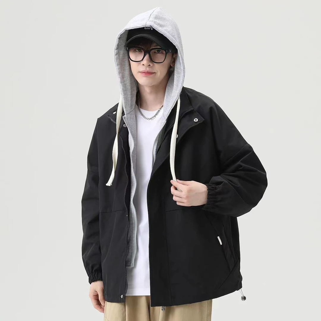 美式高街情侣款连帽夹克棉衣男士秋冬新款加绒假两件棉服外套