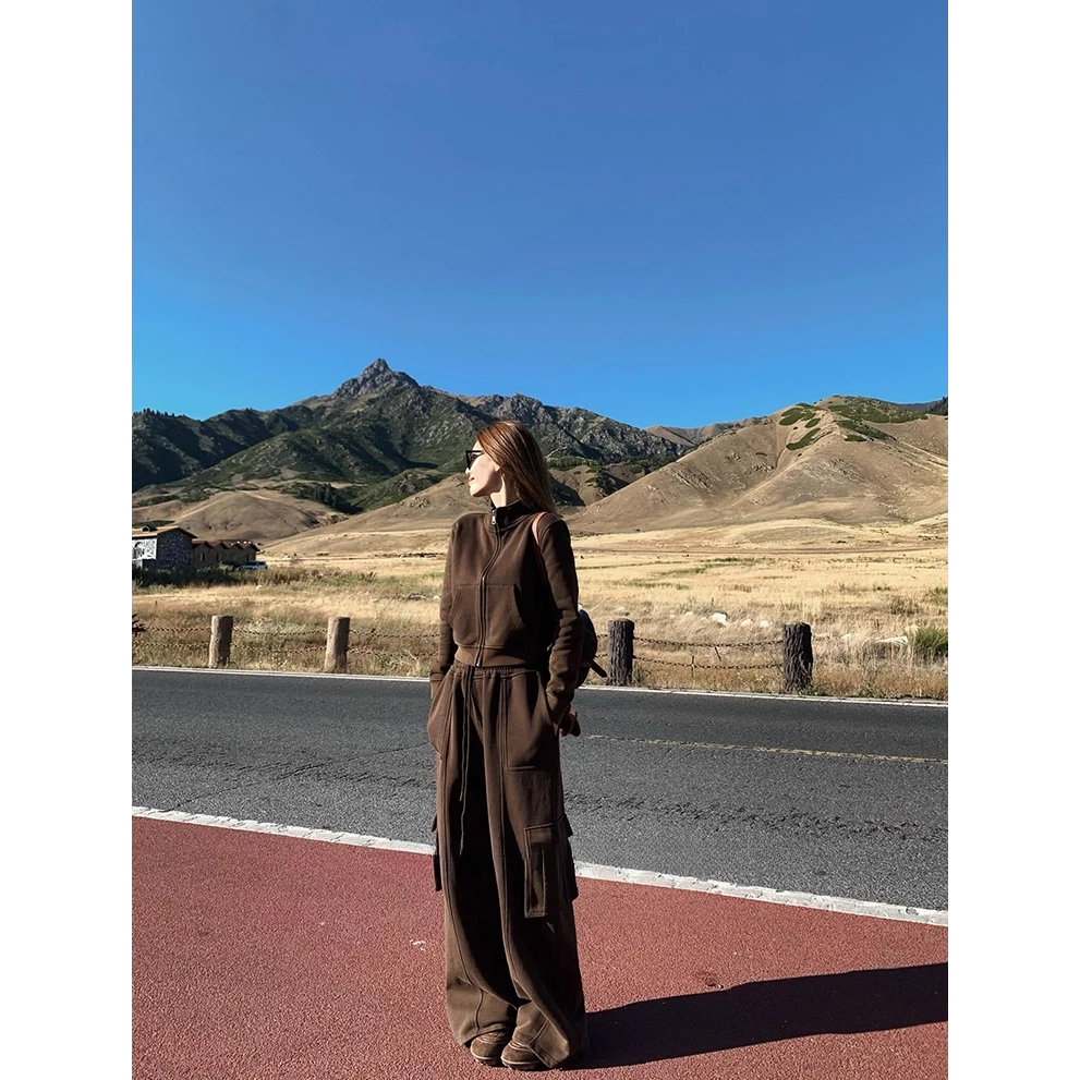 立裁重工水洗卫衣套装女美式复古休闲运动穿搭一整套2025秋季新款