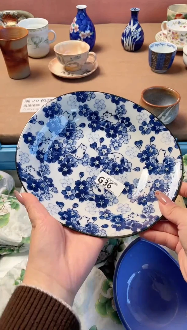 瓷片千代蓝色舞猫盘36