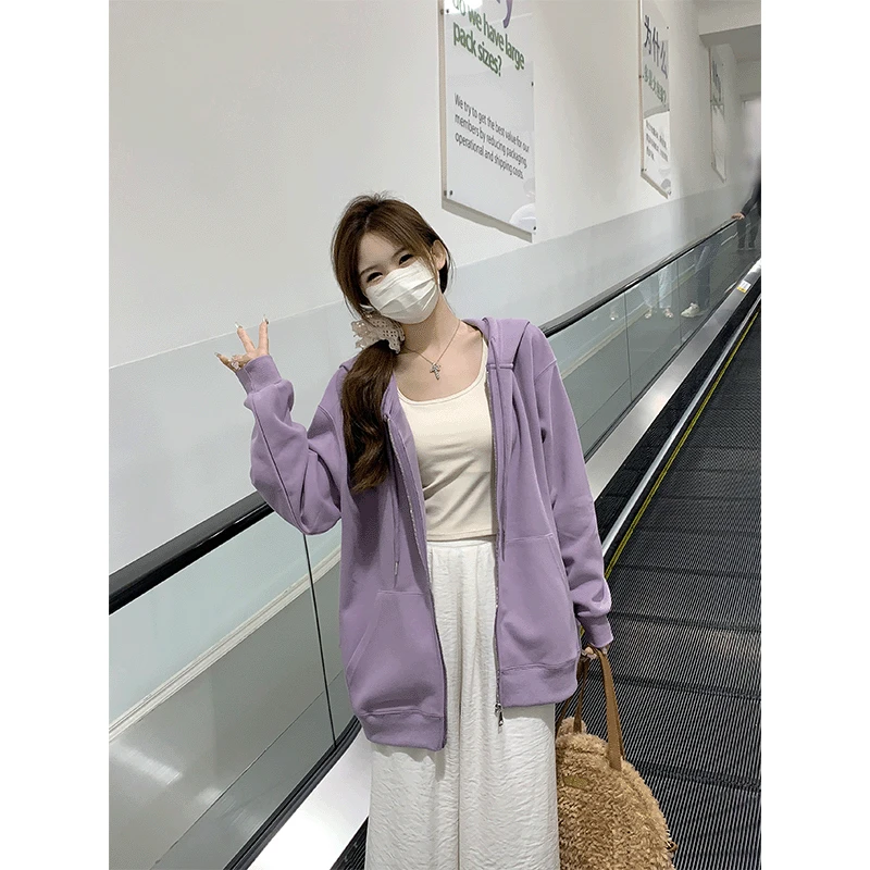 春秋韩系慵懒风气质即墨卫衣女款连帽时尚开衫情侣款外套百搭外穿
