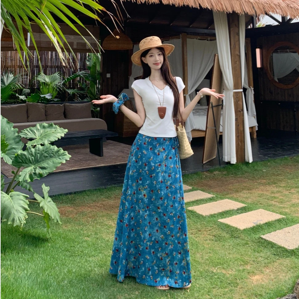 新显瘦小清新套装油画复古碎花蓝半身裙简约通勤韩版法式时尚套装