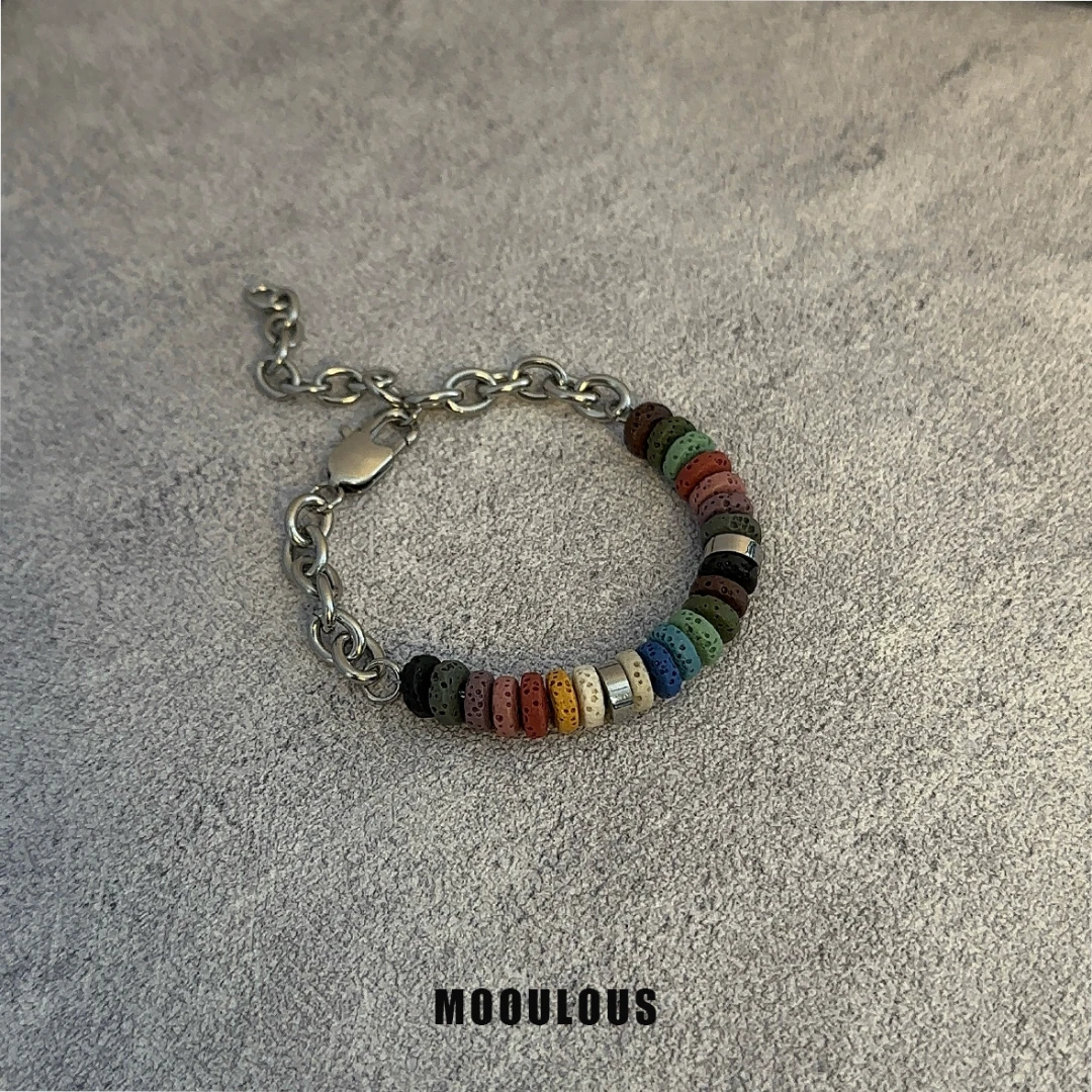 秋冬百搭火山石拼接手链小众设计简约可调节手链男