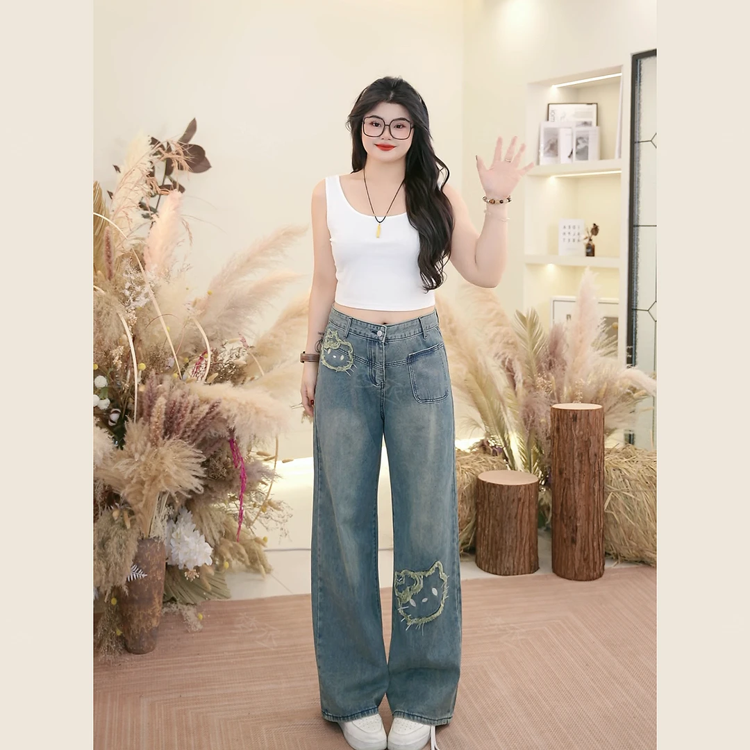 梦丞-春季女高腰裤子大码牛仔裤复古阔腿裤长裤蓝色小猫图案裤子