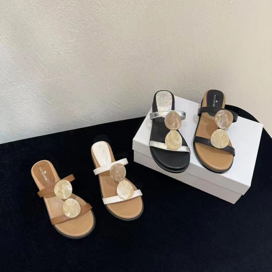 2025新款夏季凉拖贝壳圆亮片一字带罗马外穿增高厚底凉鞋