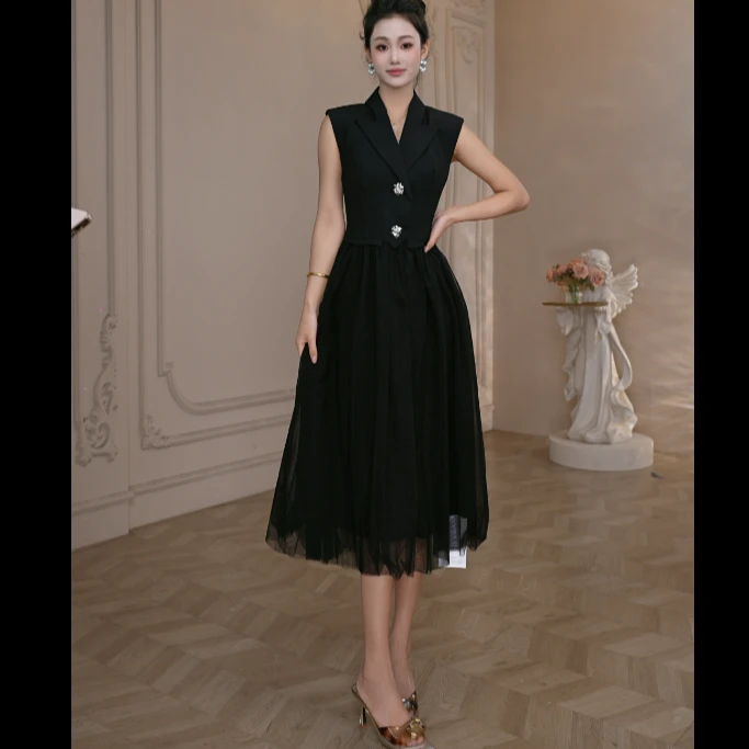 【思敏专属】花落轻纱·黑色高级时尚修身百搭轻奢女装连衣裙61170