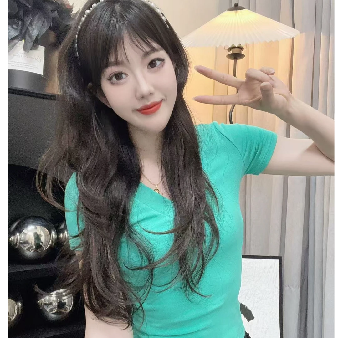 李甜甜短袖t恤女装夏季洋气v领正肩体恤修身显瘦鱼骨设计感上衣