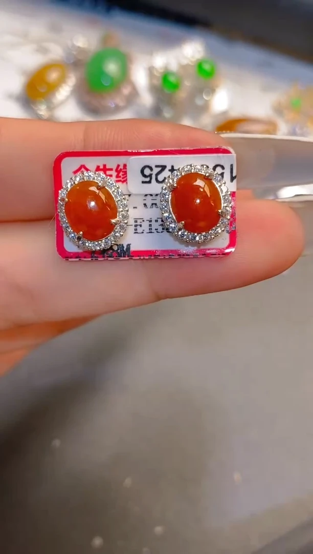翡翠银S925镶嵌耳饰天然
