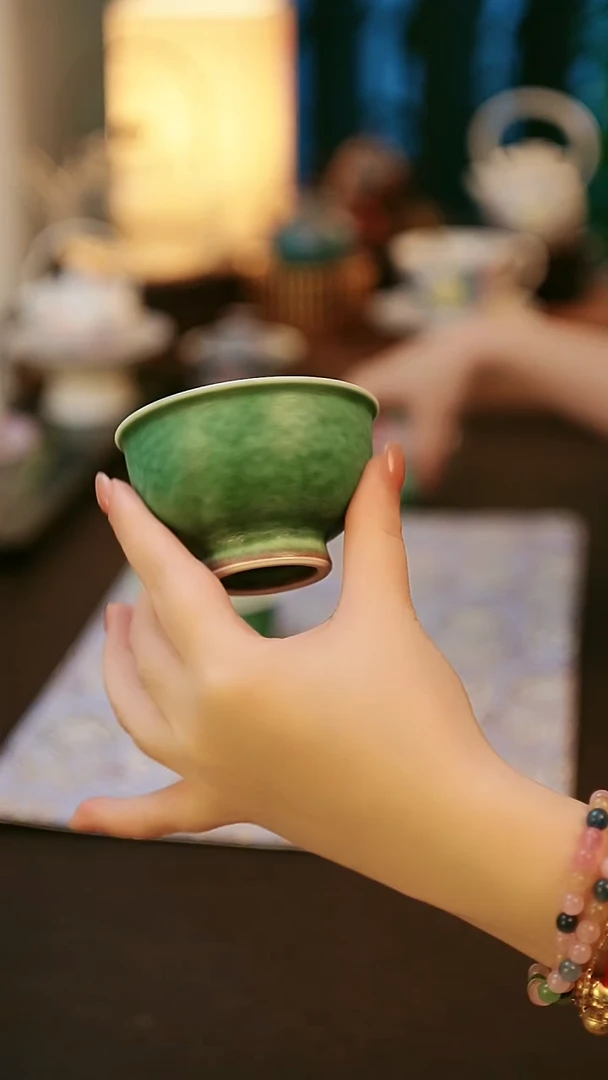 陶瓷茶具松石绿窑变盖碗
