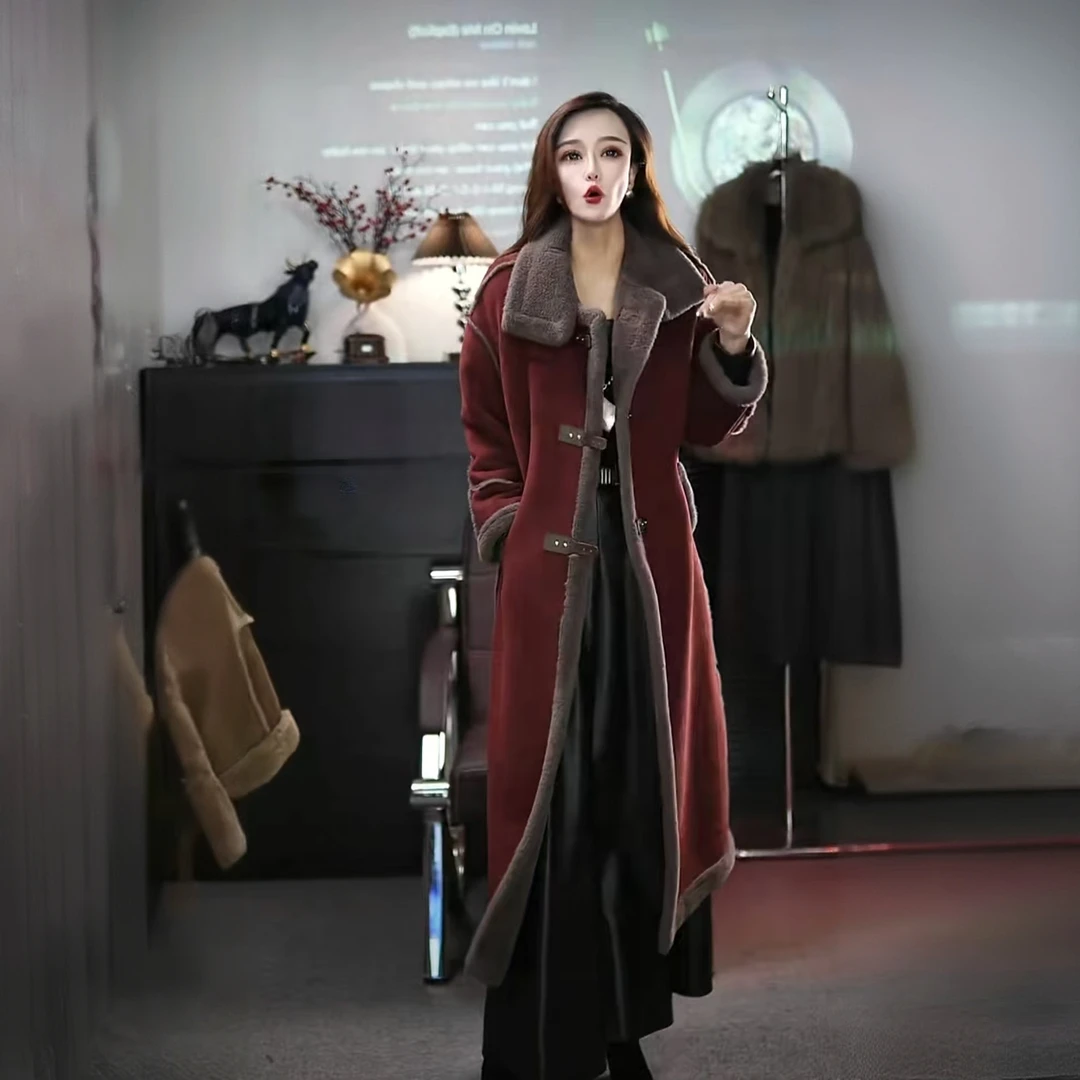 美拉德皮毛一体羊羔毛长款外套女冬季新款加厚爆款妈妈装棉衣棉服