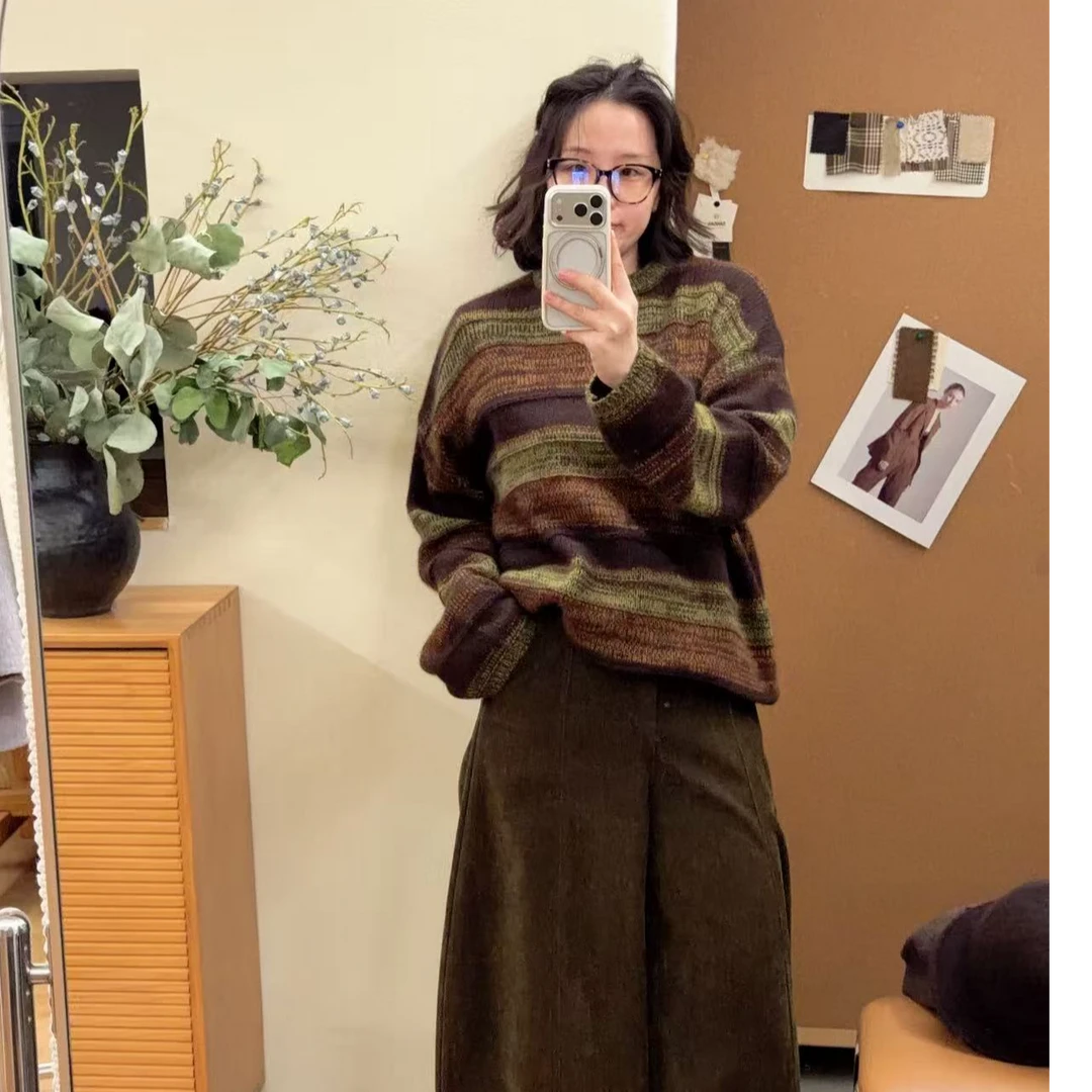 SAN-设计师款百搭气质色织杂线咖绿拼接羊毛衫