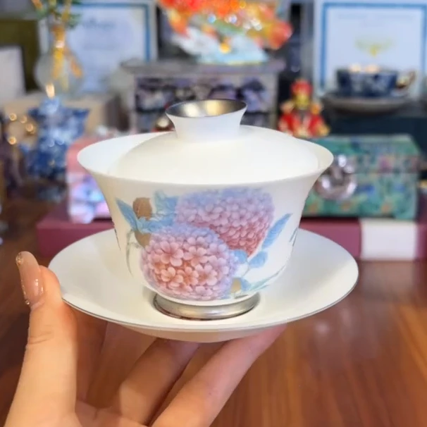 渡景山房绣球花三才盖碗茶具