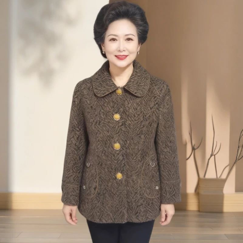 11233-秋冬新款翻领单排扣气质中老年妈妈装开衫外套女（康燕）