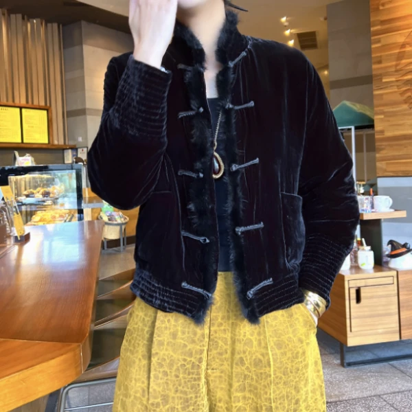 【深圳罗依】原创真丝棉衣女桑蚕丝绒休闲宽松黑色显瘦棉服