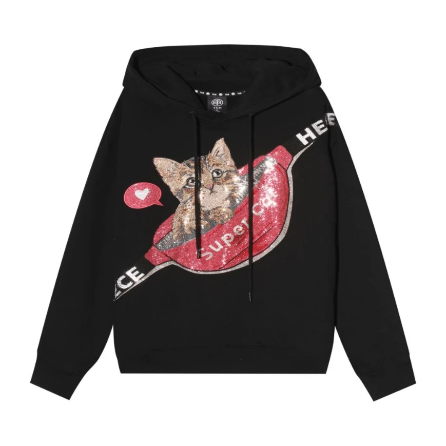 TCH-腰包猫咪烫钻黑色帽衫T21112C6068