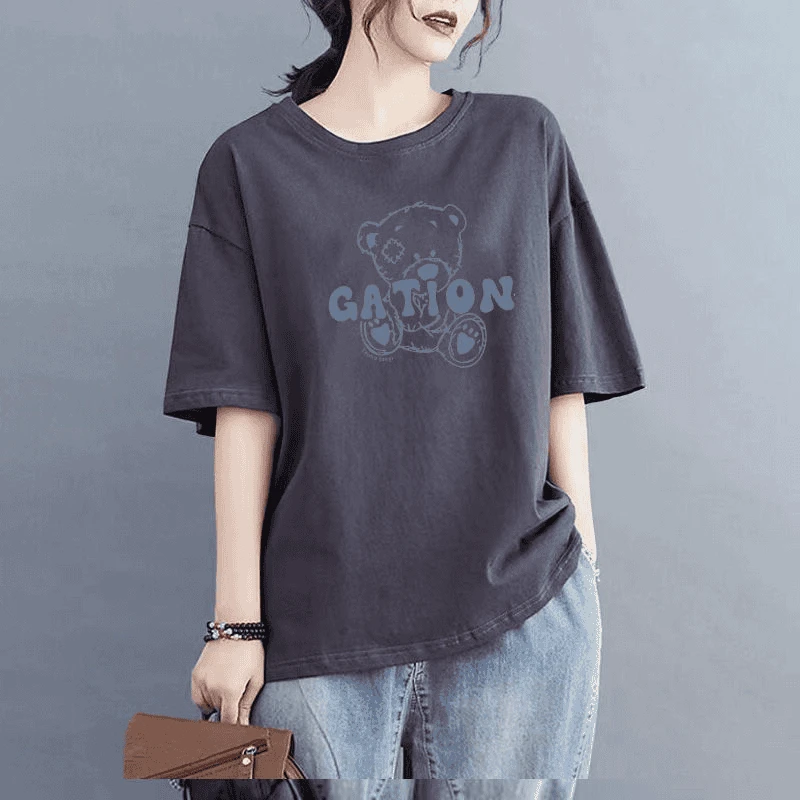 夏季简约百搭短袖t恤女宽松休闲2025新款时尚印花圆领减龄上衣