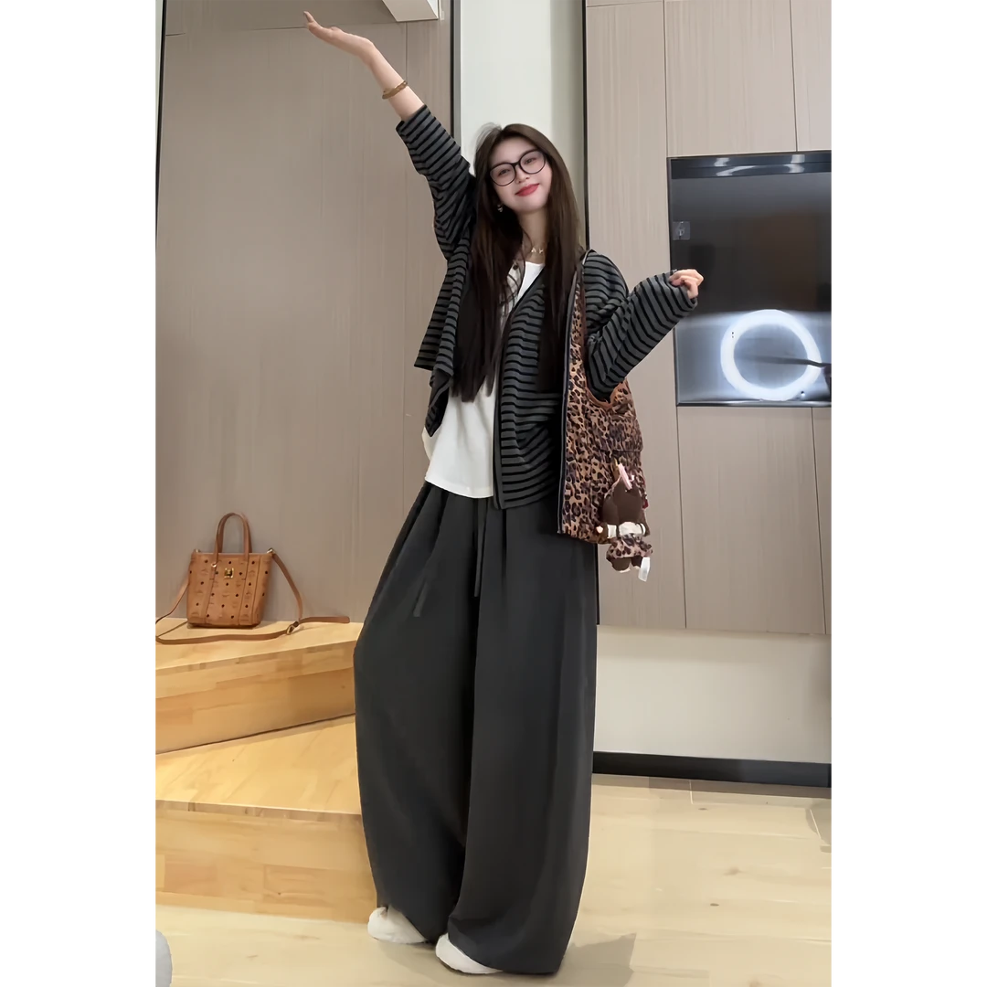 大码女装慵懒风条纹长袖开衫外套秋季穿搭背心显瘦时尚休闲阔腿裤