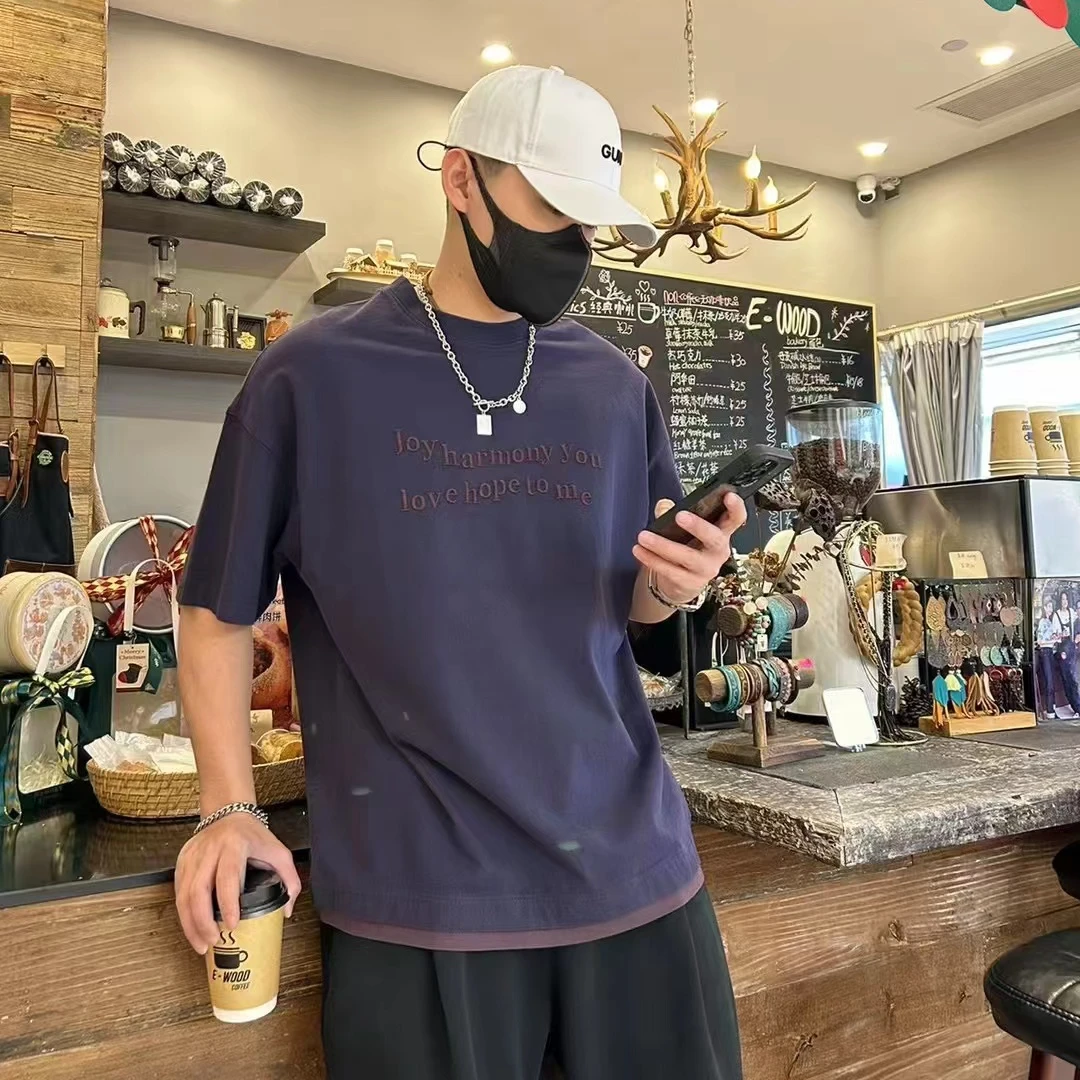 男士T恤 阔版 拼色假两件 字母刺绣 百搭时尚 印花圆领